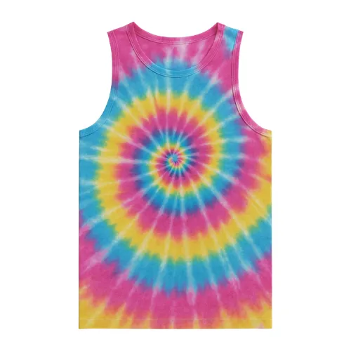 Colorful tie-dye tank top by RYZEAL Sourcing, designed for men’s, women’s, and kids’ wholesale collections.