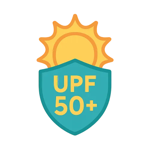 UPF 50+ sun protection fabric feature icon offered by RYZEAL clothing manufacturer.