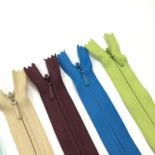 Zipper options in various colors and materials for garment closures.
