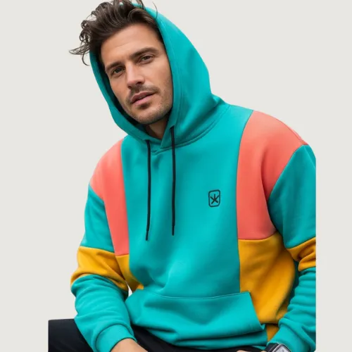 Men’s color block hoodie in bold contrast tones, produced by RYZEAL, a Men’s Hoodie Manufacturer in Bangladesh.