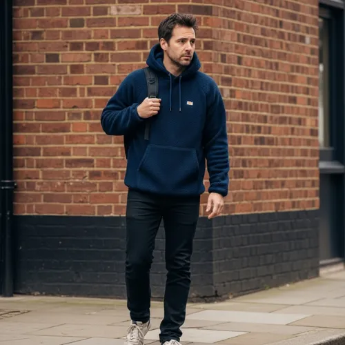Men’s fleece hoodie in navy blue, manufactured by RYZEAL, a Men’s Hoodie Manufacturer in Bangladesh.