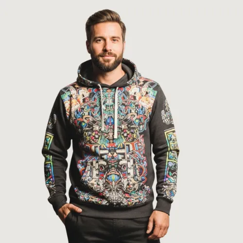 Men’s graphic print hoodie with multicolor artwork, designed by RYZEAL, Men’s Hoodie Manufacturer in Bangladesh.