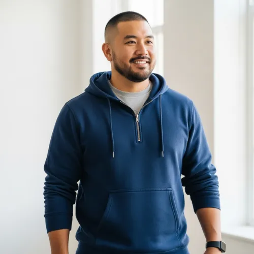 Men’s half-zip hoodie in navy color, created by RYZEAL, Men’s Hoodie Manufacturer in Bangladesh.