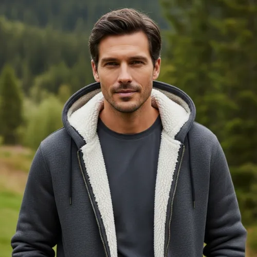 Men’s sherpa-lined hoodie offering added warmth, produced by RYZEAL, Men’s Hoodie Manufacturer in Bangladesh.