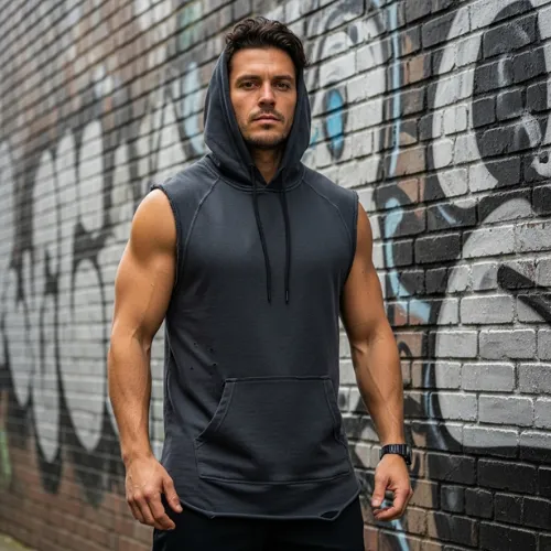 Sleeveless men’s hoodie in athletic fit, manufactured by RYZEAL, a Men’s Hoodie Manufacturer in Bangladesh.