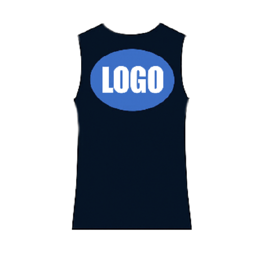 Full upper back logo print position on men’s tank top by RYZEAL Sourcing.