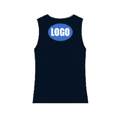 Back neck logo embroidery placement on men’s tank top by RYZEAL Sourcing.