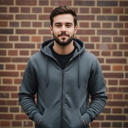 Men’s zip-up hoodie in charcoal tone, produced by RYZEAL, a Men’s Hoodie Manufacturer in Bangladesh.