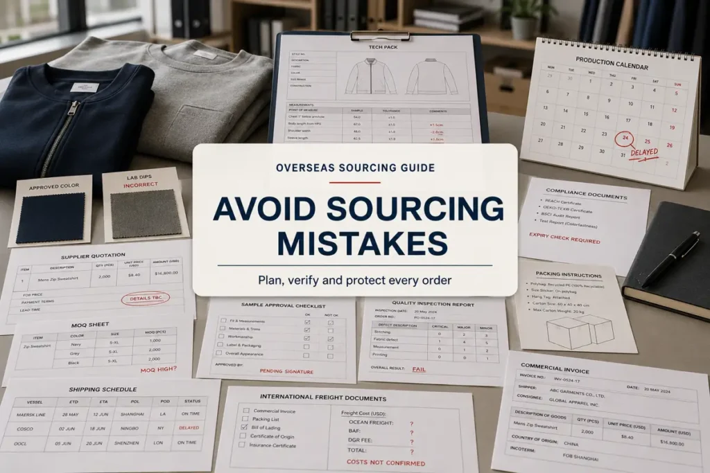 Overseas apparel sourcing guide showing garment samples, tech pack, production calendar, quality report, and shipping documents