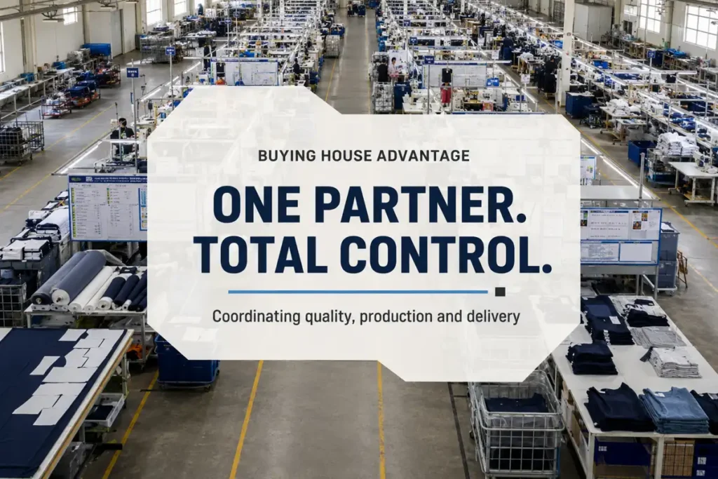 Apparel buying house coordinating garment quality, production, and delivery in a clothing factory