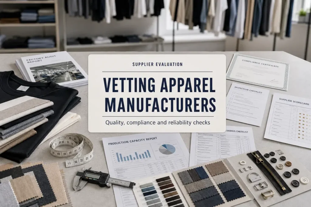 Apparel manufacturer evaluation with fabric swatches, quality documents, compliance certificates, and supplier assessment tools