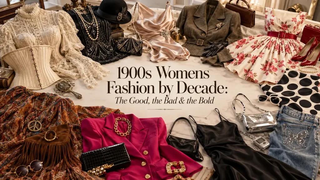 1900s women's fashion by decade collage featuring Edwardian corsets, vintage dresses, flapper accessories, floral gowns, blazers, and modern fashion trends.