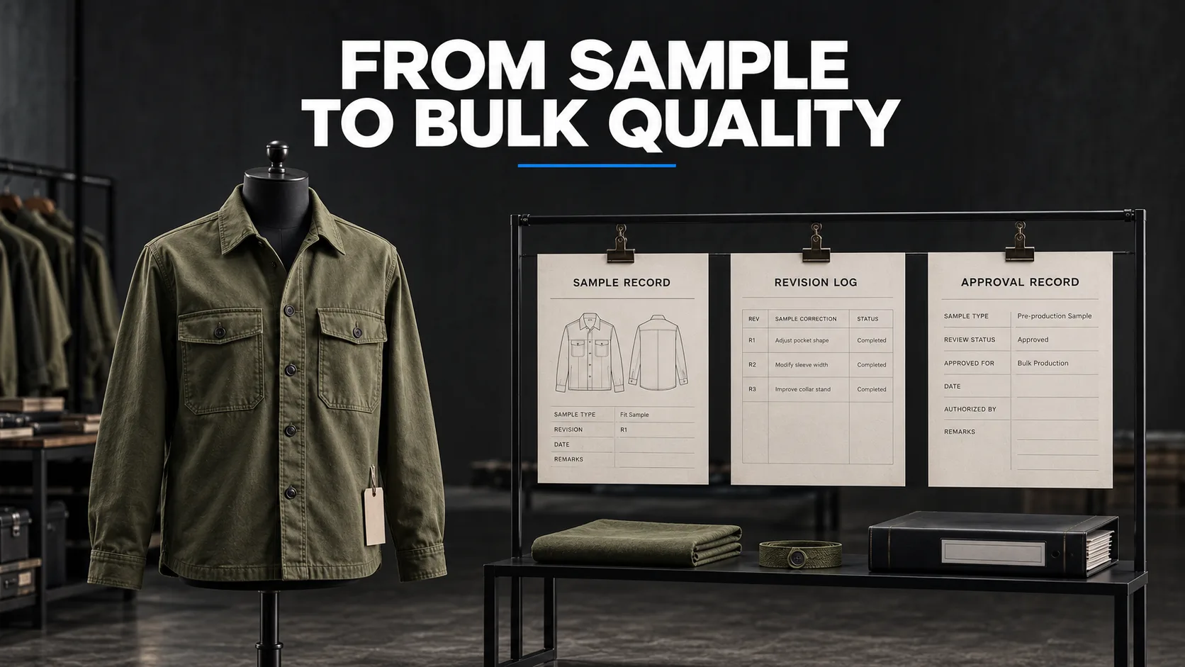 Sample Management System for apparel sampling and approval showcasing a jacket sample, revision log, sample records, and approval documentation for bulk quality control.