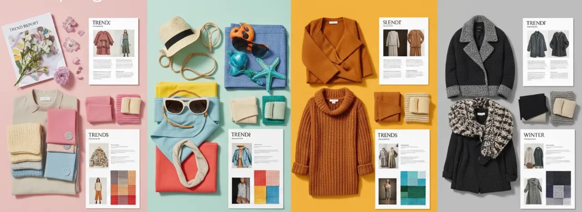 Four seasonal fashion boards for women featuring Spring pastels, Summer beachwear, Fall knits and boots, and Winter coats and layers