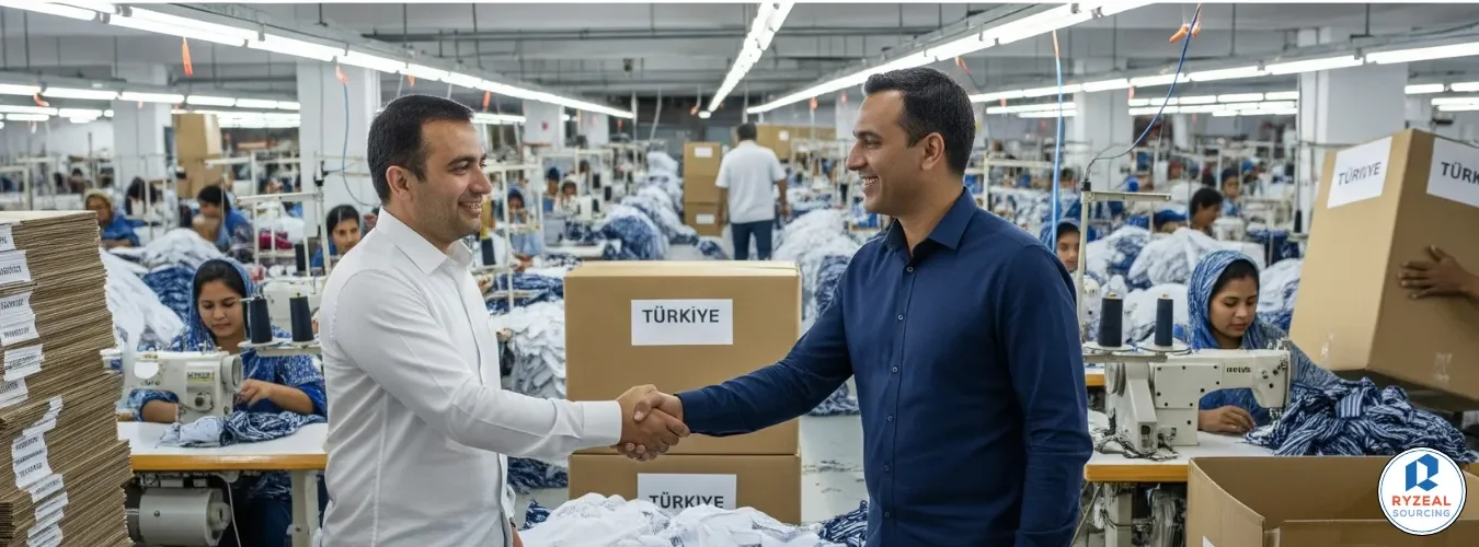 Achieving success in Turkey through international textile sourcing from a clothing manufacturer [giyim üreticisi] perspective inside a modern garment factory.