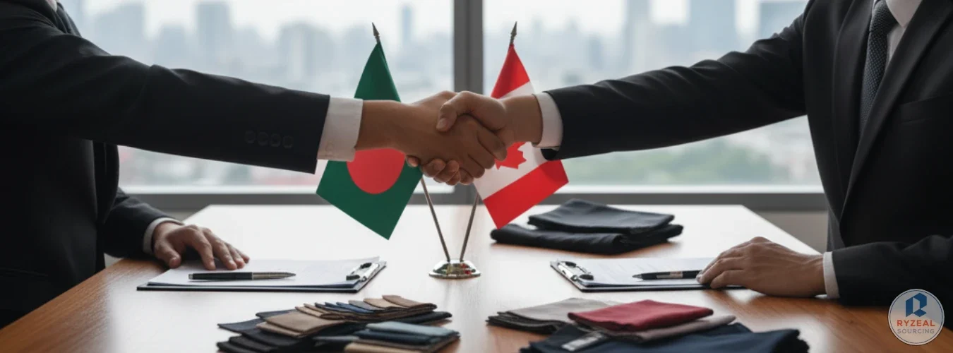 Poignée de main entre hommes d’affaires devant les drapeaux du Bangladesh et du Canada, symbolisant RYZEAL comme Fabricant de Vêtements au Bangladesh pour le Canada.