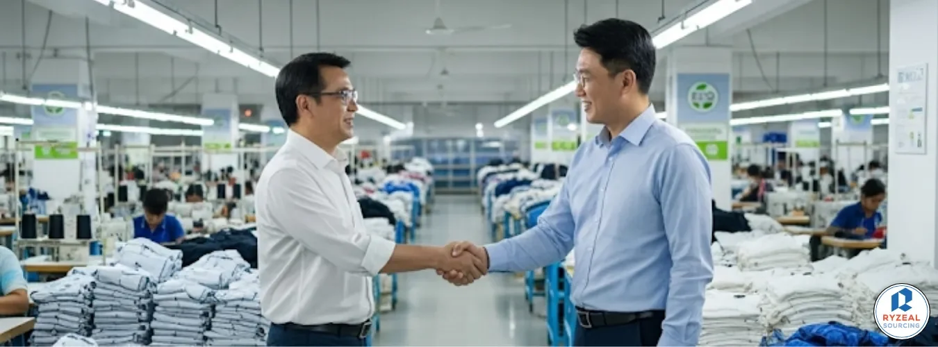 Two businessmen shaking hands inside a garment factory, symbolizing partnerships with a trusted 의류 공급업체 for Korean businesses.