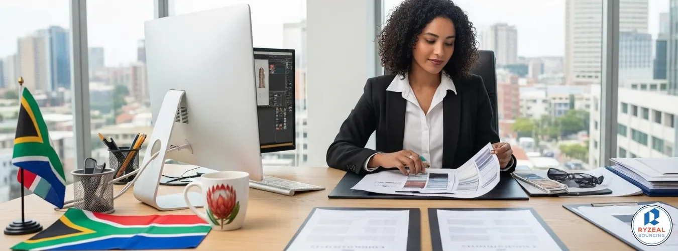 Best clothing manufacturer for South African brands, professional fashion business meeting in modern office.