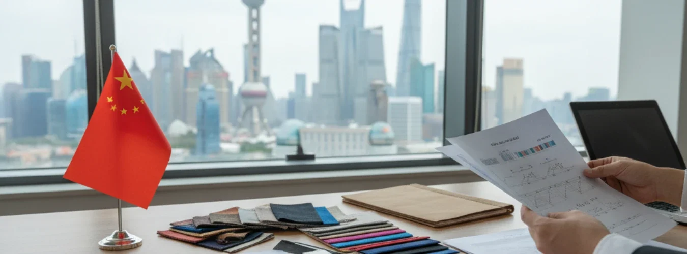 Office desk with Chinese flag, fabric swatches, and technical documents overlooking Shanghai skyline, highlighting RYZEAL as 孟加拉国服装制造商为中国.