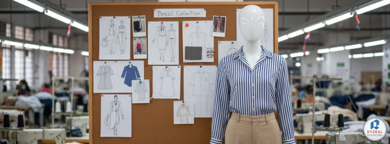 Maniquim com camisa listrada e calça bege em uma sala de costura com o quadro Brazil Collection, destacando a RYZEAL como Fabricante de Roupas em Bangladesh para Brasil.