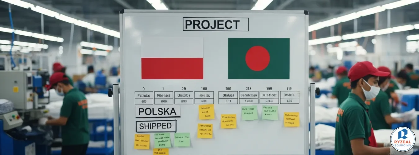 Polish and Bangladeshi flags displayed in a garment factory, symbolizing a comparison between clothing manufacturers in both countries.