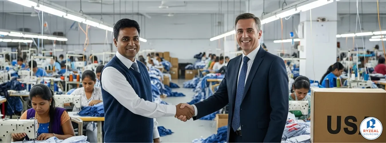 Business handshake between Bangladesh and USA representatives for [garment manufacturers in usa] in a modern apparel production setting.
