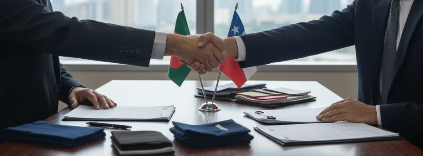 Empresarios estrechando manos frente a las banderas de Bangladesh y Chile con documentos sobre la mesa, representando a RYZEAL como Fabricante de Ropa en Bangladesh para Chile.