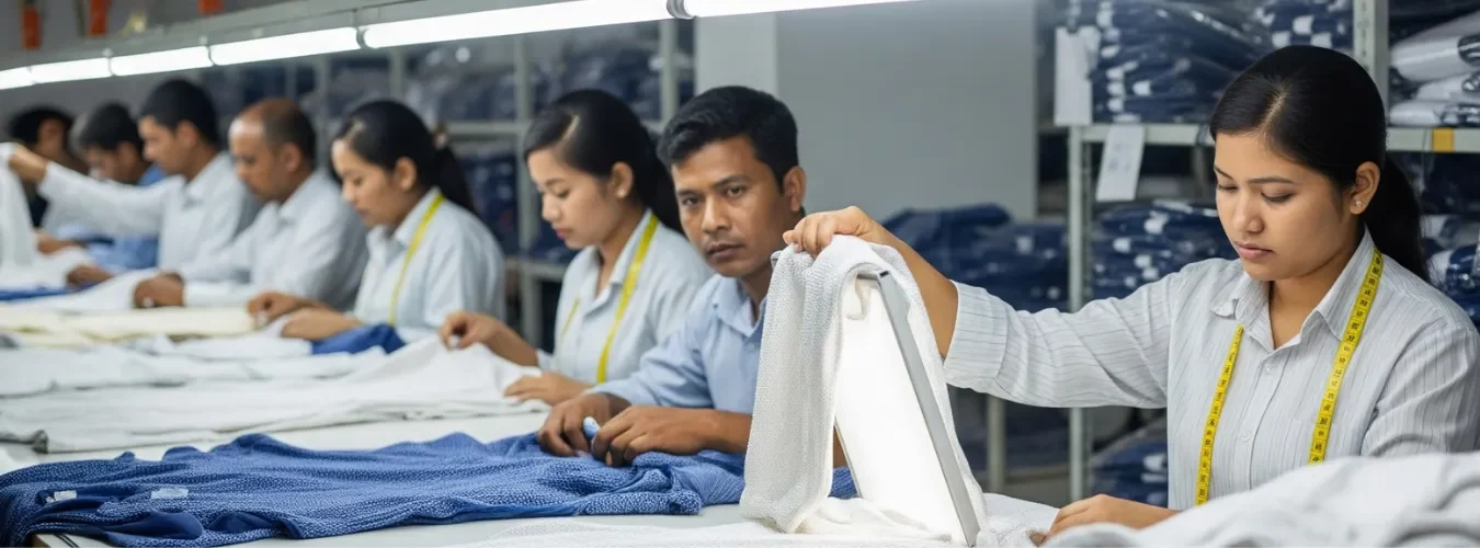 Workers in a modern garment factory producing high-quality clothing for a leading apparel manufacturer uk.