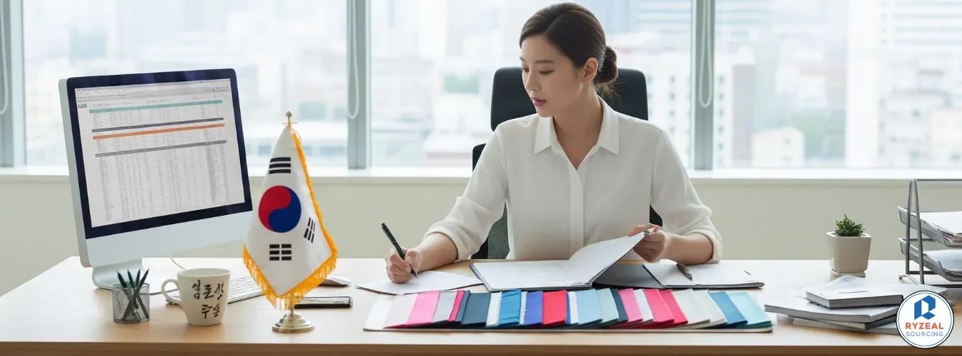 Fashion designer reviewing fabric samples in an office, representing a trusted 의류 공급업체 for Korean brands.