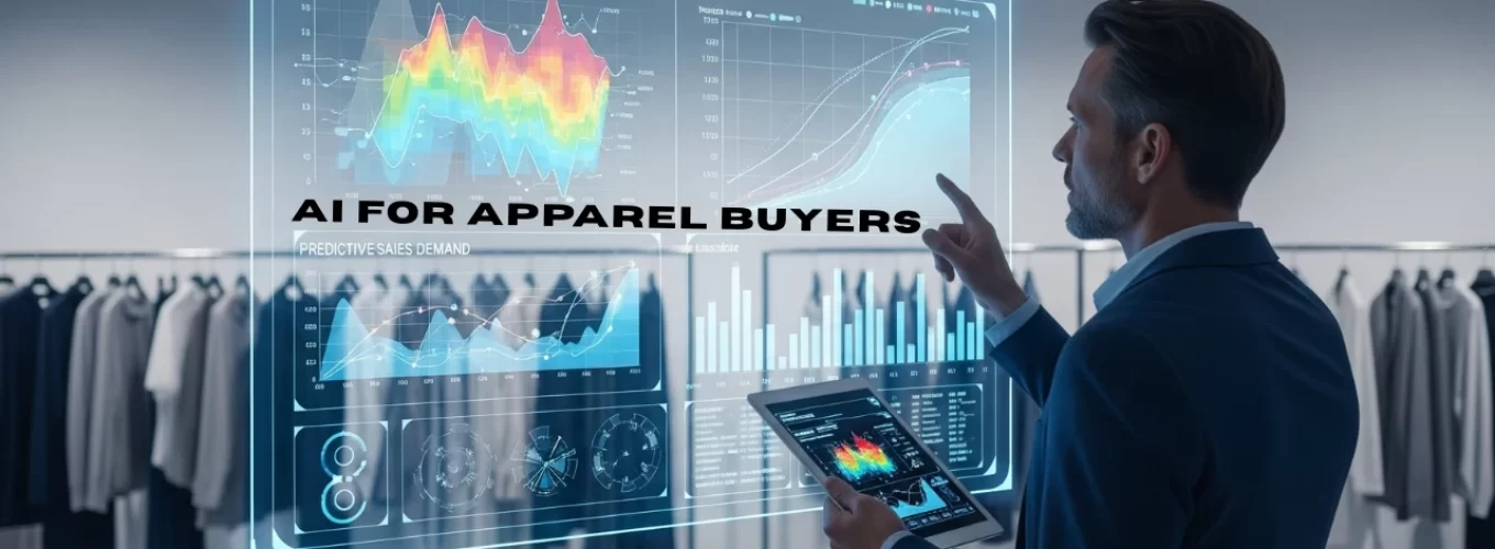How AI is Helping Apparel Buyers Predict Consumer Demand Businessman analyzing AI-driven demand prediction dashboard in a fashion retail environment with digital charts