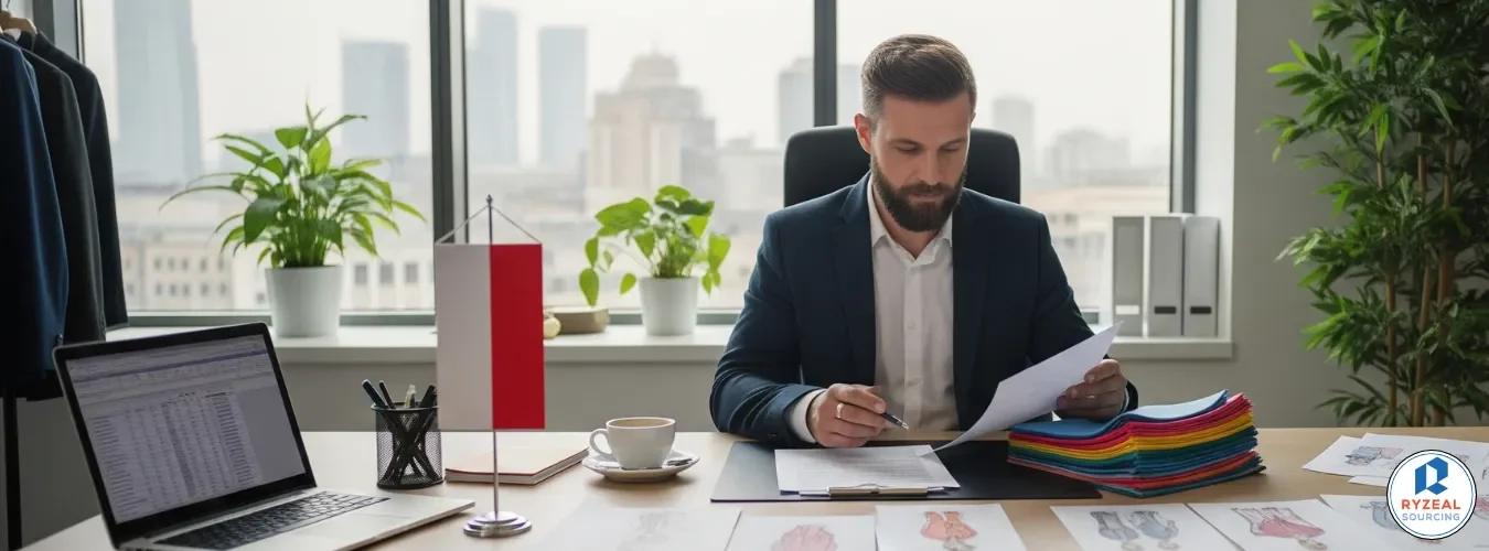 Polish clothing brand owner reviewing garment samples in an office with Polish and Bangladeshi flags in the background.