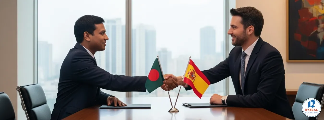 Business meeting between fabricantes de ropa en españa and Bangladesh partners for wholesale garment production and long-term collaboration. Business meeting between fabricantes de ropa en españa and Bangladesh partners for wholesale garment production and long-term collaboration.
