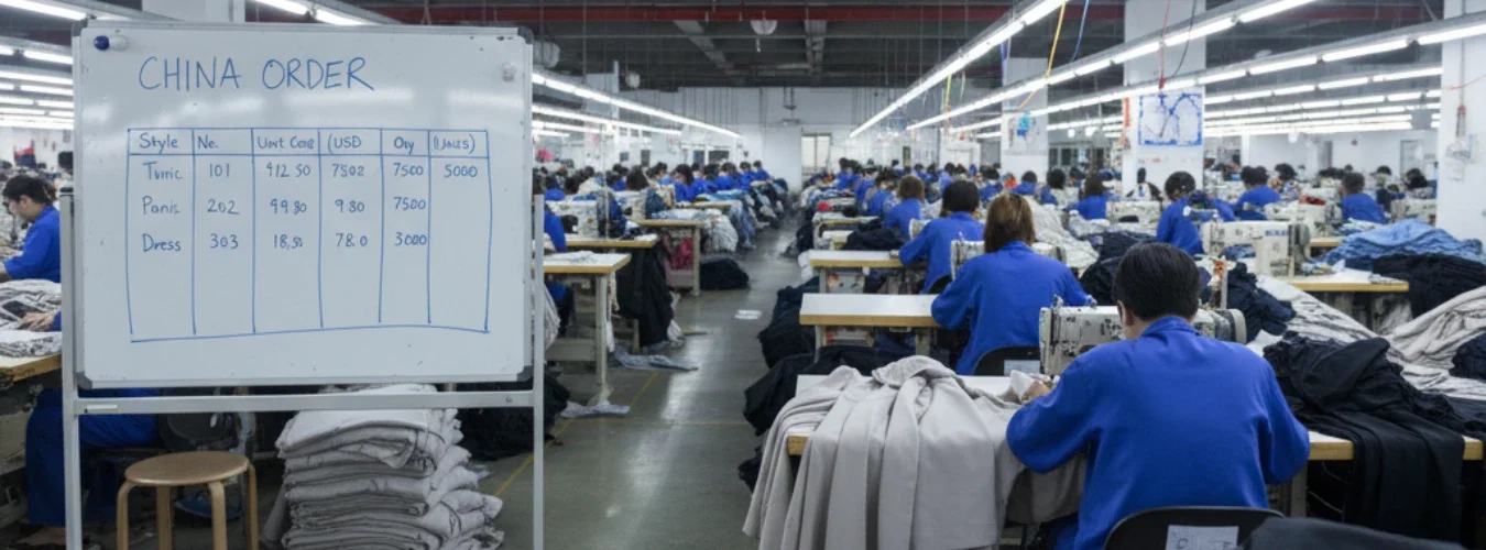 Garment factory sewing floor with workers in blue uniforms and a whiteboard marked China Order, presenting RYZEAL as 孟加拉国服装制造商为中国.