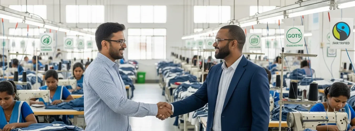 Two business professionals shaking hands inside a clothing factory in South Africa, symbolizing a reliable wholesale apparel supplier partnership.