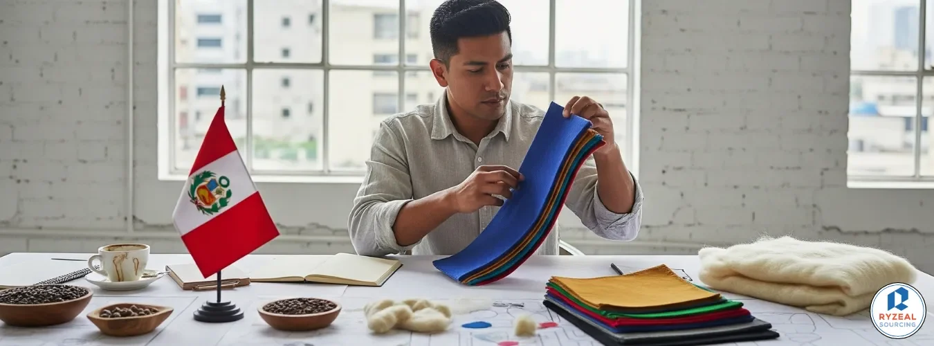 Man reviewing fabric samples at a workspace with the Peruvian flag, representing clothing manufacturer services for brands in Peru.