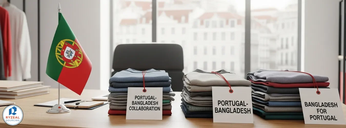 Workers in a garment factory preparing boxes for shipment, representing ethical clothing suppliers in Portugal.
