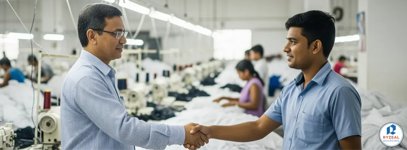 Two men shaking hands inside a garment factory, symbolizing partnership between wholesale clothing suppliers in Russia and international manufacturers.