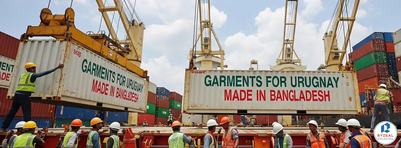 Shipping containers and cargo ships arriving in Uruguay with garments imported from Bangladesh for [proveedores de ropa uruguay].