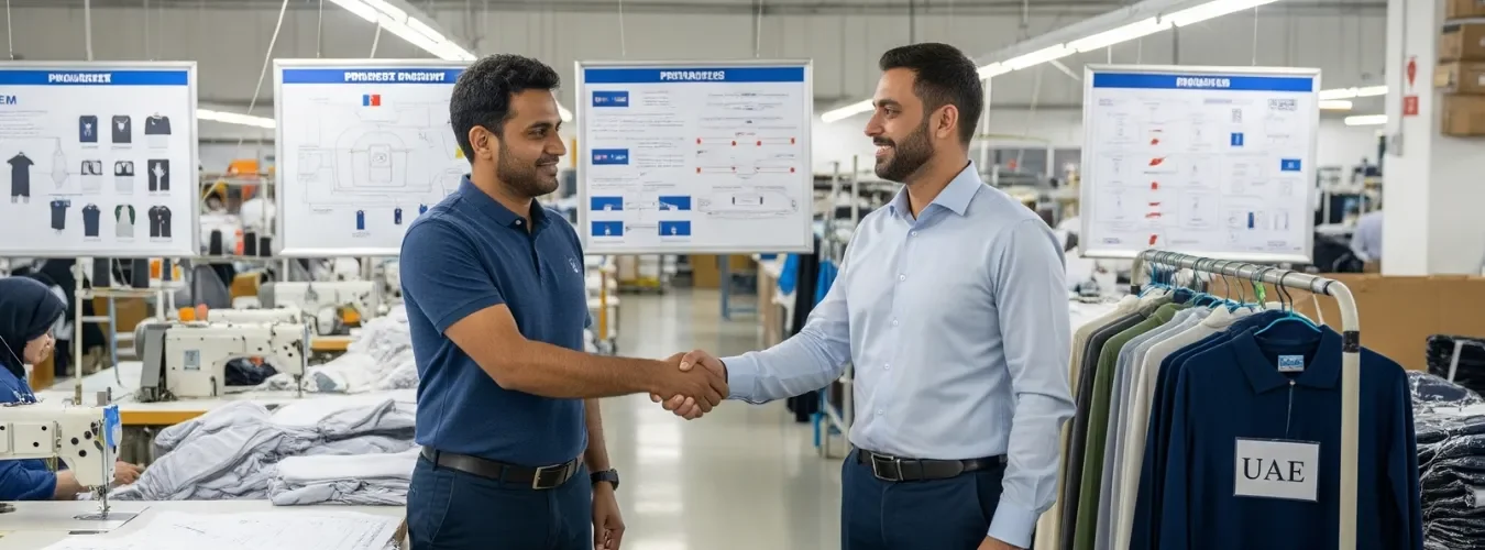 Two businessmen shaking hands in a UAE garment store, finalizing a wholesale clothing deal with a certified clothing manufacturer (مصنع ملابس).