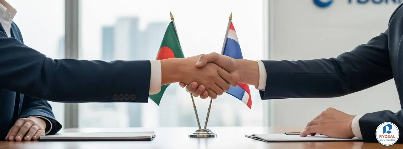 Business meeting between ผู้ผลิตเสื้อผ้า in Thailand and Bangladesh representatives finalizing wholesale clothing import agreements.