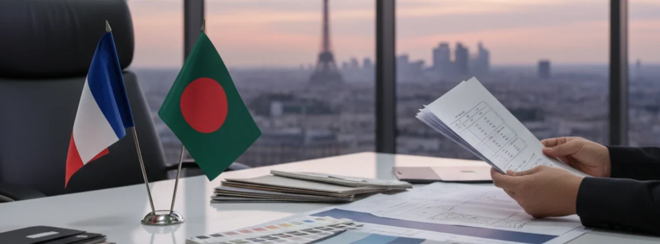 Office desk with French and Bangladesh flags, fabric swatches, and technical documents overlooking Eiffel Tower, highlighting RYZEAL as Fabricant de Vêtements au Bangladesh pour la France.