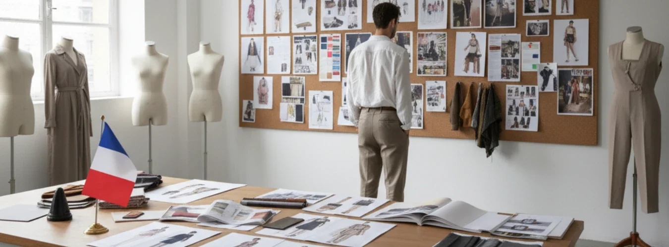 Designer reviewing fashion mood board in studio with mannequins, French flag on desk, and open fashion books, presenting RYZEAL as Fabricant de Vêtements au Bangladesh pour la France.