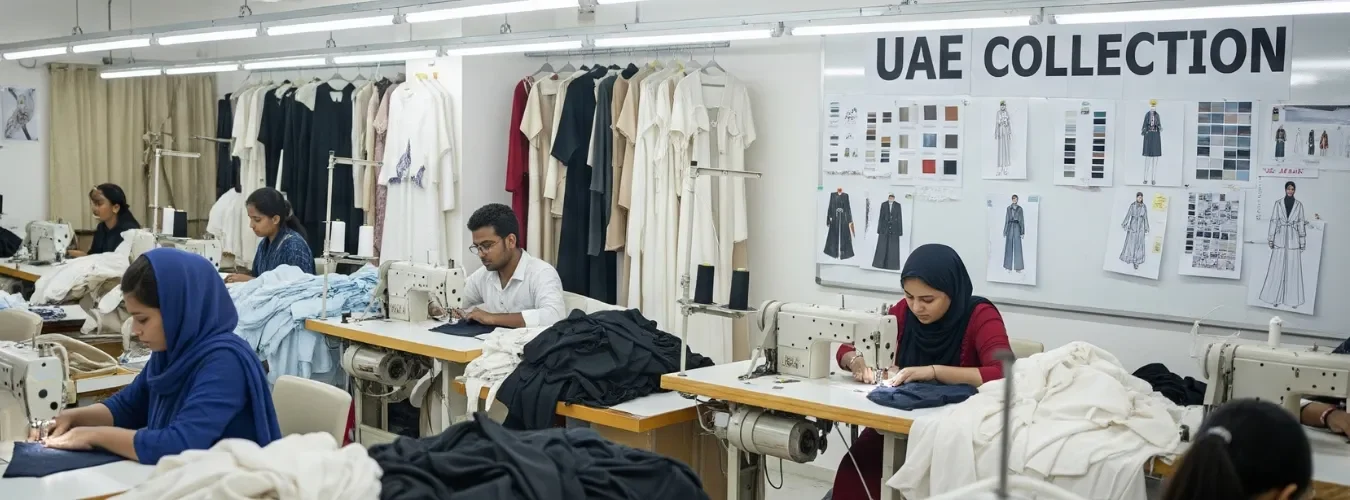 Skilled workers sewing garments in a modern factory, producing private label clothing for UAE brands with the best clothing manufacturer (مصنع ملابس)