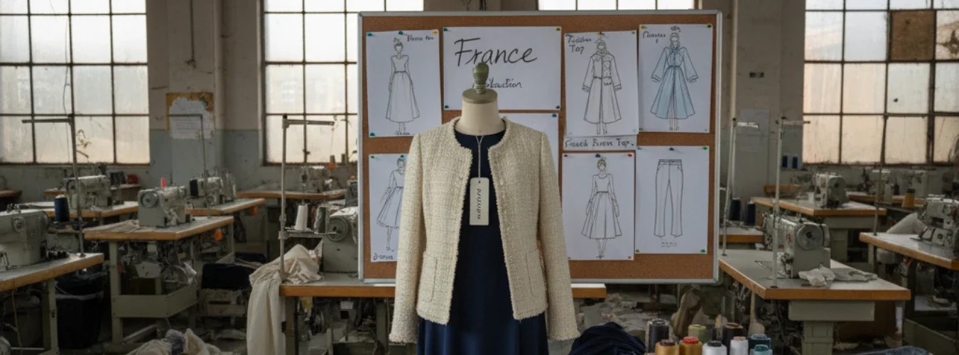 Mannequin with jacket and dress in garment factory beside design board labeled France Collection, showcasing RYZEAL as Fabricant de Vêtements au Bangladesh pour la France.