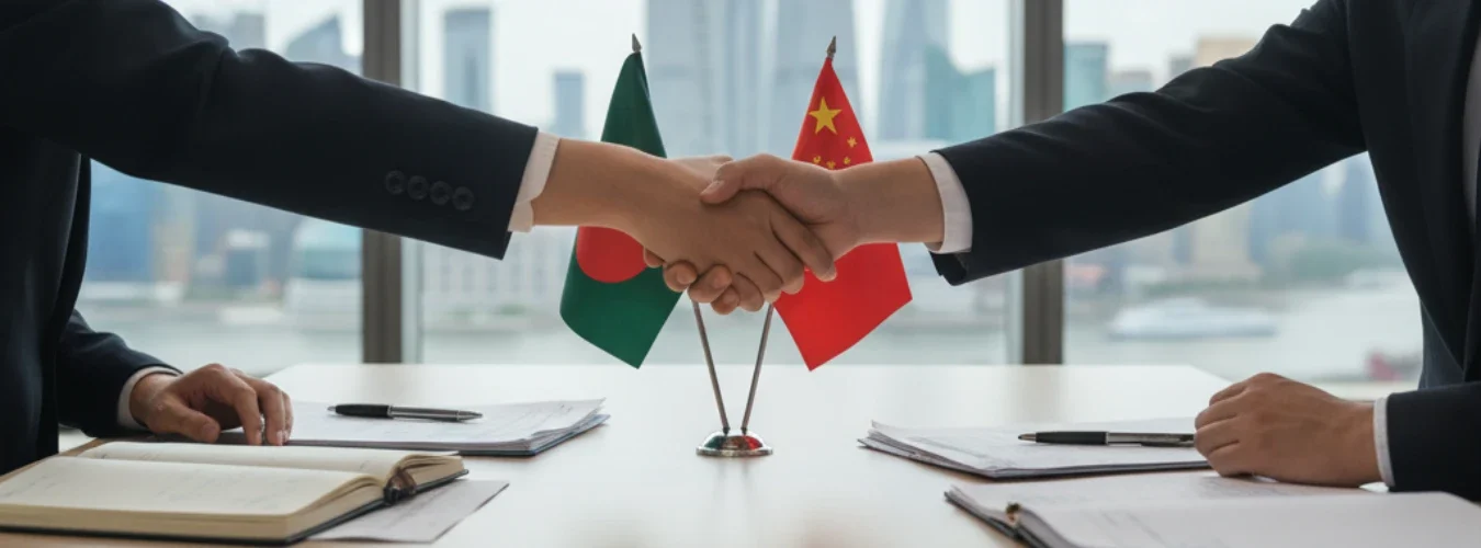 Business handshake between China and Bangladesh representatives with national flags on the table, symbolizing RYZEAL as 孟加拉国服装制造商为中国.