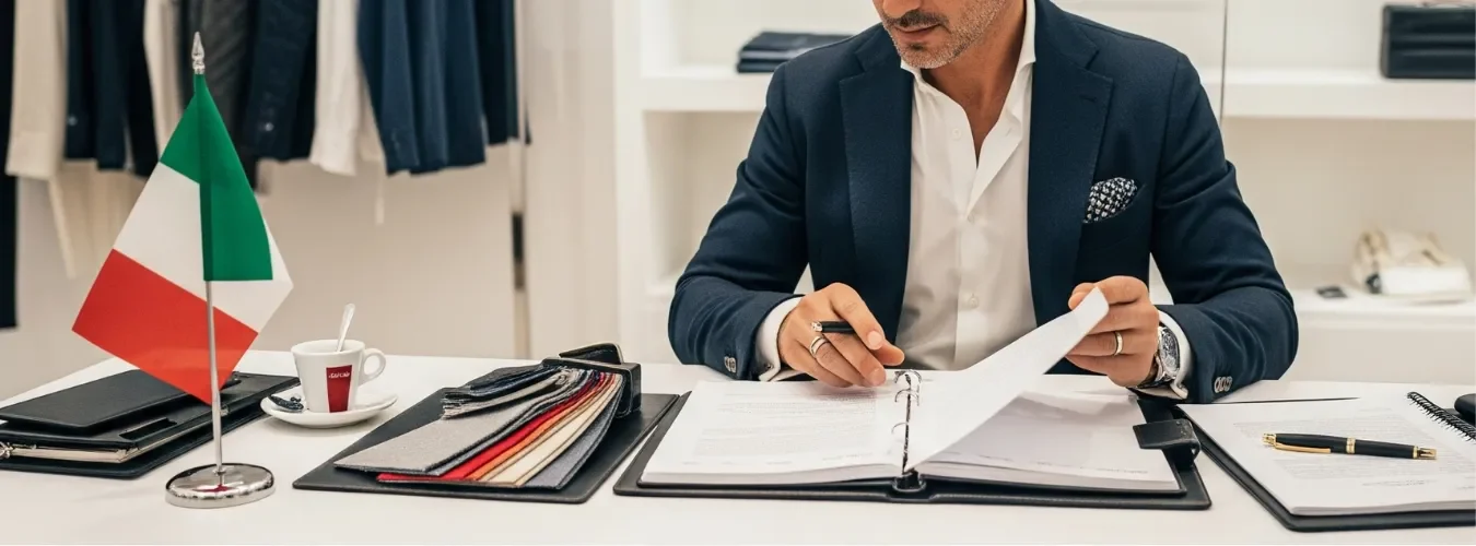 Successful Production with Top Clothing Manufacturers in Italy – produttori di abbigliamento in italia Acquirente italiano esamina campioni di tessuto per collaborazioni con produttori di abbigliamento in Italia / italy