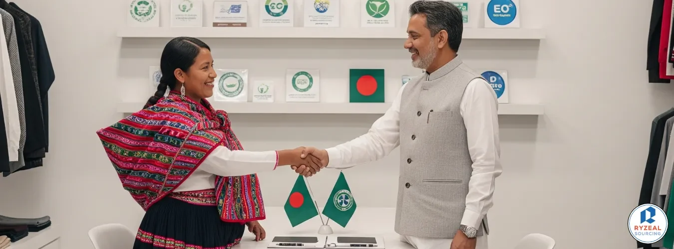 Business handshake between a man and a woman in traditional Peruvian attire, symbolizing sustainable textile production partnerships.