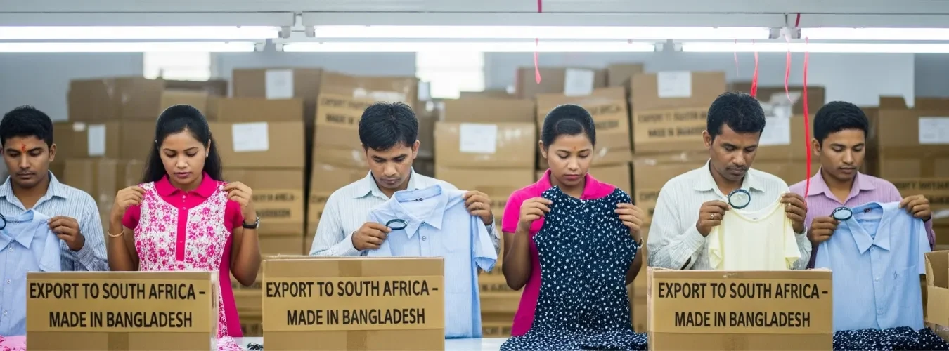 Workers in a garment factory preparing sustainably sourced clothing for export to the South African market.