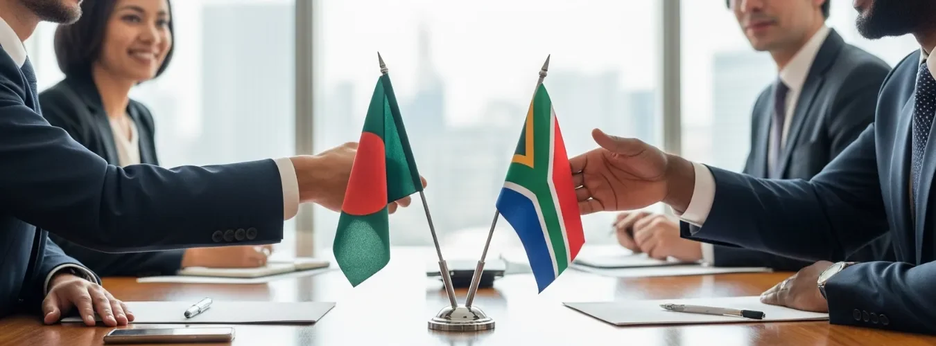 Business handshake between Bangladeshi and South African partners for sustainable production with an umkhiqizi wezingubo. Business handshake between Bangladeshi and South African partners for sustainable production with an umkhiqizi wezingubo.