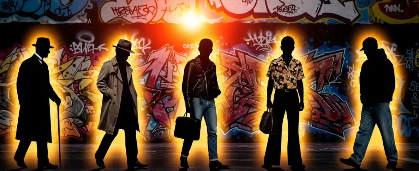 Vintage or Just Timeless? Why Retro Fashion Cycles Back Silhouettes of men dressed in vintage styles from various eras walking in front of a graffiti wall with sunset lighting